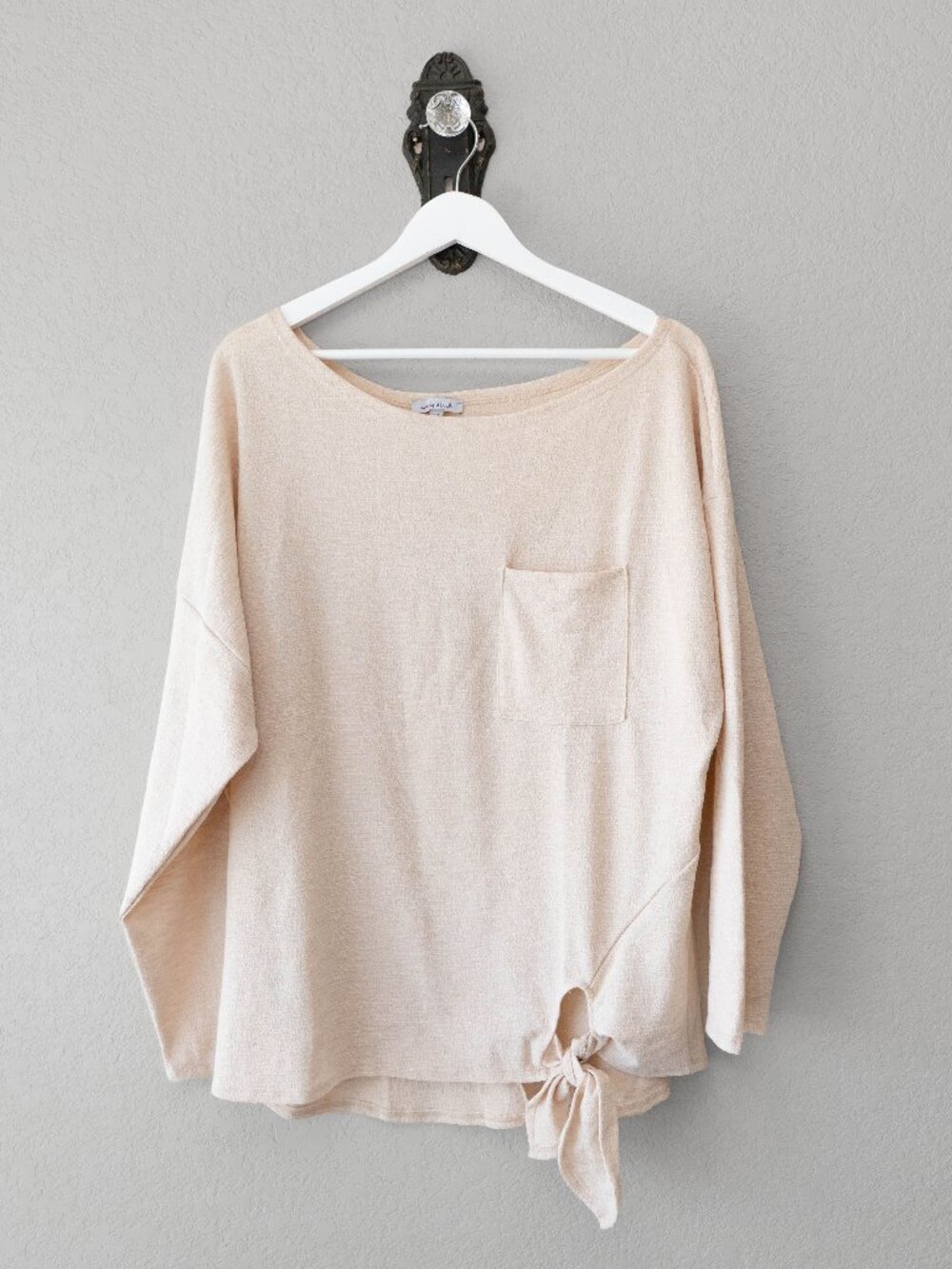 White Birch Womens 1X Cream Tie Front Top Oversized Knit Pocket Casual Soft